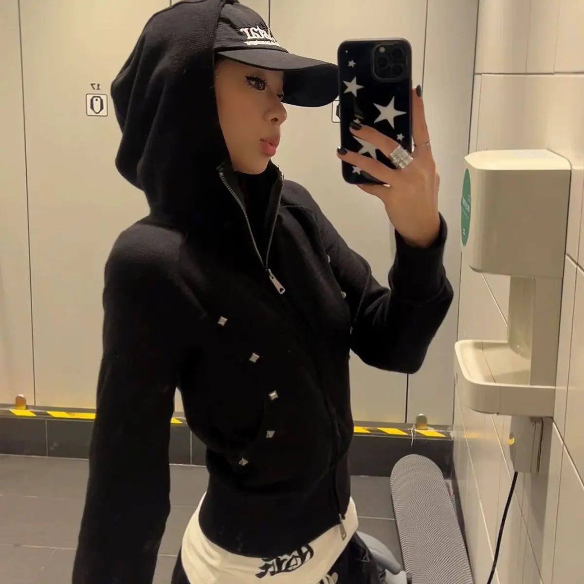 레트로 리벳 Y2K 스파이시 걸 스트리트 슬림 숏 지퍼 아비 컬쳐 후디 재킷 여성 패션 아우터웨어 프리미엄