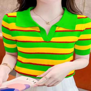 여름 신상 여성 아이스 실크 반팔 니트 폴로 셔츠 컬러 블록 스트라이프 디자인 포켓 손수건 패셔너블 엘레강트