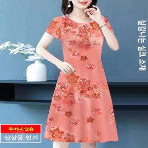 여름 엄마 치파오 드레스 여성용 외투 실크 프린트 루즈 플러스 사이즈 배 가리기 플로럴 프린트 미디 드레스