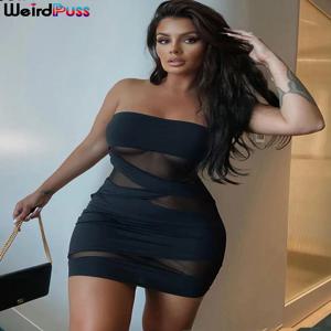이상한 Puss 파티 Strapless 드레스 여성 패치 워크 메쉬 여름 트렌드 민소매 자정 섹시한 엉덩이 미니 Bodycon 스키니 Clubwear