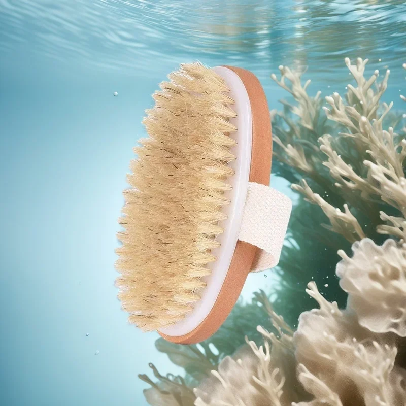 건성 피부에 적합한 엑스폴리에이팅 스크럽 우드 바디 브러시, 천연 강모는 혈액 순환을 개선하고 모발 축적을 방지합니다.