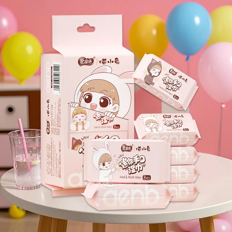 저자극성 손 및 입 물티슈, 64매 두껍고 촉촉한 천, 민감성 피부용 휴대용 여행 팩(8팩)