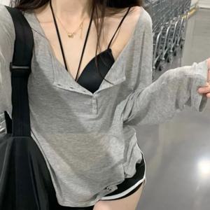 Y2k 탱크 탑, 긴 소매 V 칼라 크롭 탑, 단추 자외선 차단, 한국 패션