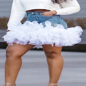 플러스 사이즈 블루 캐주얼 데님 tulle 포켓 스커트 섹시한 하이 웨스트 streetwear 빈티지 미니 스커트 여성용 여름 패션 스커트