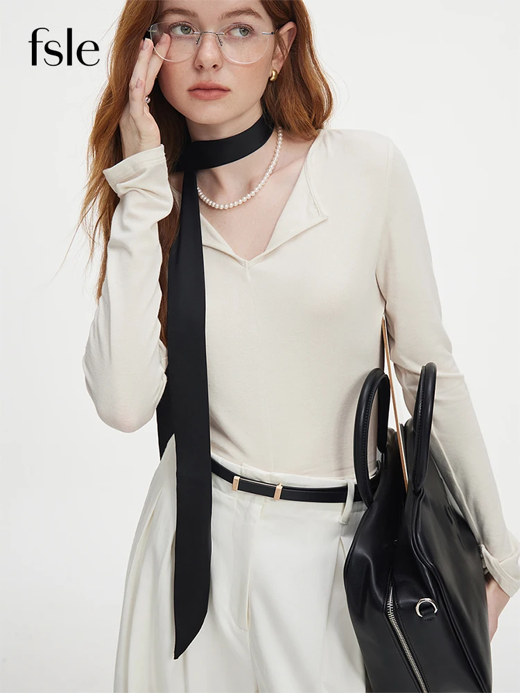 FSLE 가을 니트 탑 2025 신상 풀오버 캐주얼 긴팔 스웨터 여성용 브이넥 슬림 코튼 그레이 풀오버 베이지 치 탑
