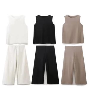2025년 여름 여성 조끼 바지 세트 O넥 민소매 티셔츠 밴딩 허리 루즈핏 바지 캐주얼 여성 빈티지 솔리드 슈트