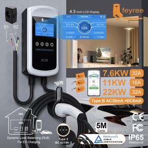 feyree Type2 EV 충전기 4.3인치 화면 32A 7.6KW 동적 부하 밸런싱 11KW 22KW 3상 EVSE Wallbox 앱(충전 기록 포함)