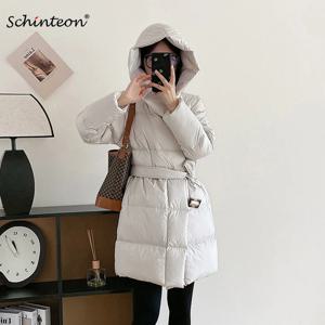 Schinteon 여성용 90% 화이트 덕 다운 재킷 후드 포함 오피스 레이디 슬림 가을 겨울 따뜻한 아우터 고품질 코트 2025 신상