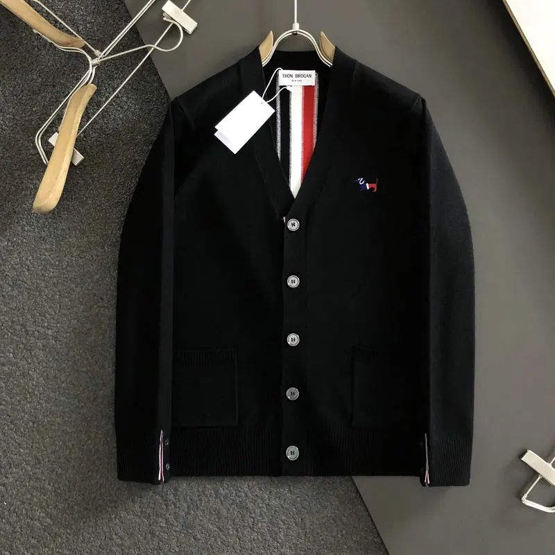 패셔너블한 자수 강아지 백 오픈 가디건 스웨터 긴 소매 브이넥 니트 아우터웨어 남녀 공용 캐주얼 스타일