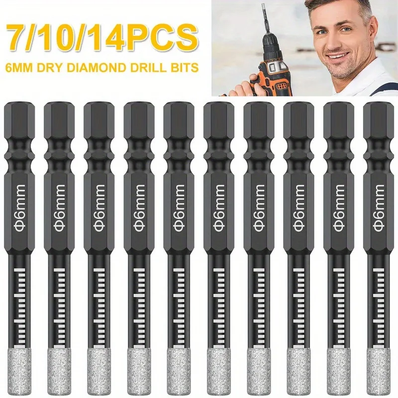 7/10/14개 중형 다이아몬드 드릴 비트 세트 진공 브레이징 헥스 6mm 직경 포세린/화강암/대리석/타일 드릴 비트 세트