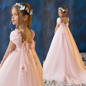 핑크 꽃 소녀 드레스, 작은 소녀 생일 파티 가운, 맞춤형 구슬 긴팔 아기, 어린이 첫 성찬식 드레스