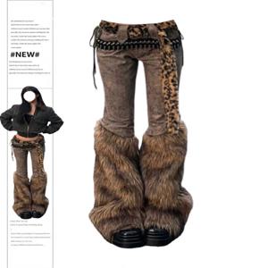 여성용 인조 모피 패치워크 Y2k 청바지, 하라주쿠 오버사이즈 데님 바지, 빈티지 일본 2000 년대 스타일, 헐렁한 청바지 바지, 쓰레기 옷