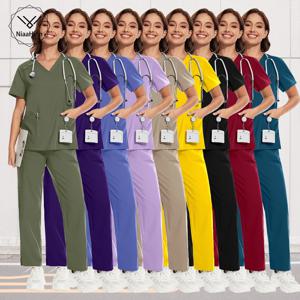 간호사 여성용 수술 스크럽 통기성 간호 스크럽 스트레이트 바지 세트, 스크럽 탑 수의학 유니폼, 뷰티 스파 작업복