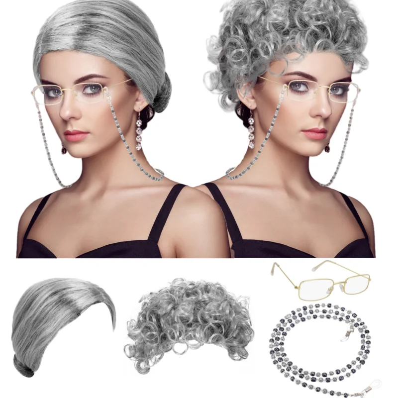 합성 올드 레이디 가발 의상 세트 재미 있은 할머니 가발과 안경 리테이너 체인 실버 화이트 할머니 가발 코스프레 할로윈 파티