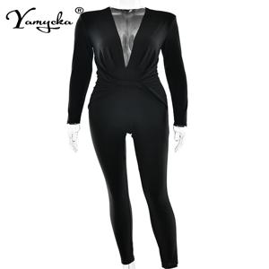 섹시한 블랙 새틴 bodycon 점프 슈트 여성 바지 여름 한 조각 romper 점프 슈트 여성 우아한 긴 소매 점프 슈트 클럽 의상