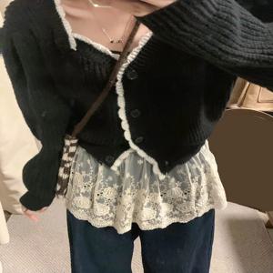 더운! 봄 레이스 트림 하프 스커트 여성용 다목적 솔리드 컬러 레이스 벨트 짧은 a 라인 스커트 통근 한국 하프 길이 스커트