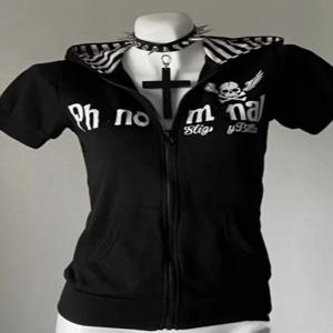 Y2K Subculture 해골 프린트 지퍼 카디건 반팔 여성 일본 슬림 피트 스트라이프 까마귀 캐주얼 탑 패션 streetwear 의류