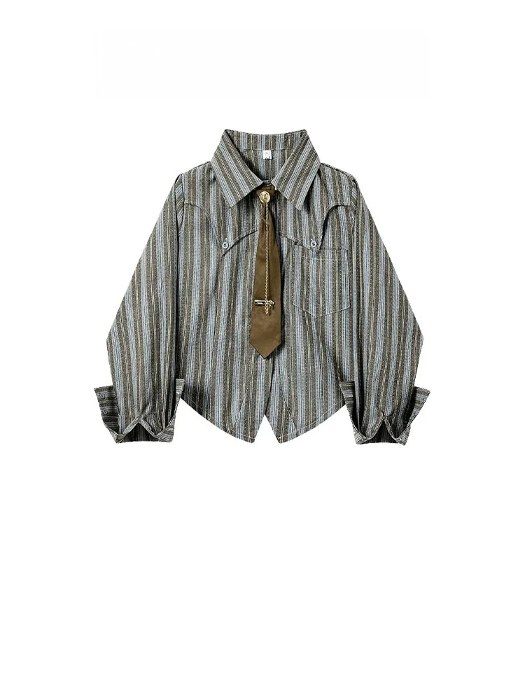 가을 캐주얼 스트라이프 여성 셔츠 빈티지 데님 투피스 세트 다용도 디자인 편안한 긴팔 폴로 칼라 버튼업