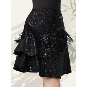 여자 라틴 댄스 하프 바디 스커트 여성 연습 드레스 여름 새로운 스팽글 술 현대 블랙 여학생 클럽 스퀘어 댄스 의류