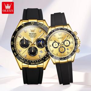 OLEVS 럭셔리 브랜드 오리지널 쿼츠 커플 시계 우아한 실리콘 스트랩 크로노 그래프 남성 여성을위한 다기능 연인 손목 시계