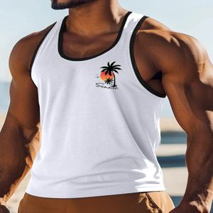 남성용 탱크 탑 조끼 탑 민소매 셔츠 근육 셔츠 민소매 크루 넥 여름 코코넛 나무 스포츠 패션 캐주얼 비치 탑