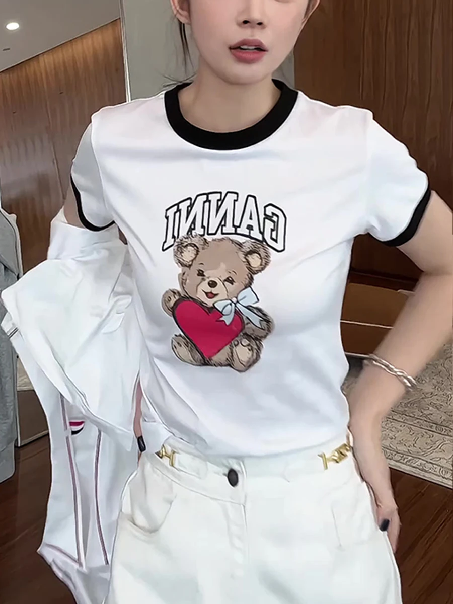 봄 여름 신상 순면 곰 프린트 티셔츠 컬러 블록 루즈 슬림핏 반팔 탑 한국 스타일 여성 의류