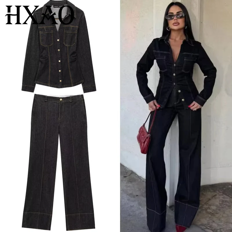 HXAO 블랙 데님 팬츠 세트 여성 투피스 세트 슬림 긴팔 셔츠 투피스 세트 여성 의상 하이웨이스트 플레어 트라우저 세트