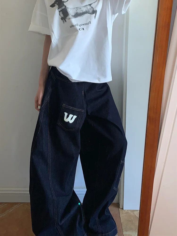 루즈 캐주얼 와이드 레그 진 여성 여름 스트리트웨어 하이웨이스트 롱 팬츠 빈티지 레터 나이프 엣지 데님 바지