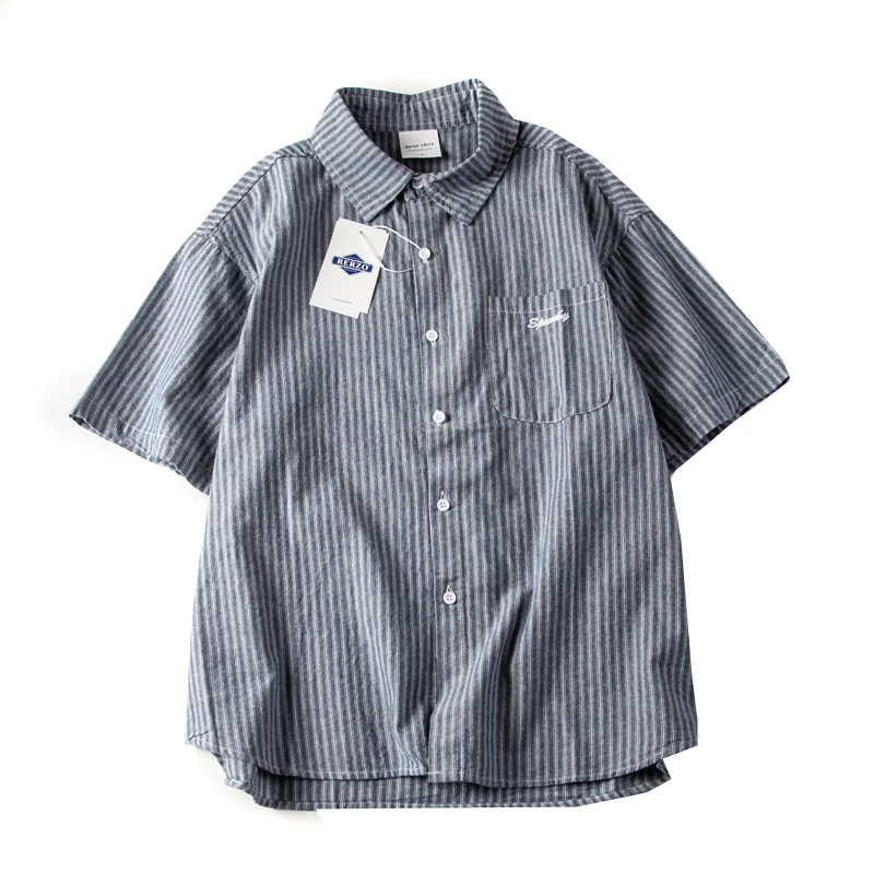 레트로 일본식 자수 반팔 남성용 스트라이프 셔츠 캐주얼 루즈 커플 코튼 스웨트셔츠 반팔 재킷