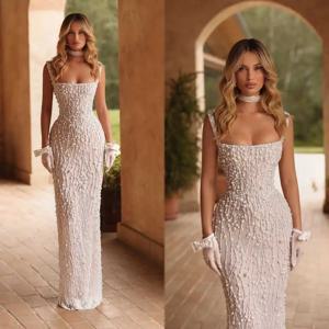 럭셔리 시스 웨딩 드레스 스파게티 스트랩 민소매 신부 드레스 바닥 길이 맞춤형 vestidos de novia