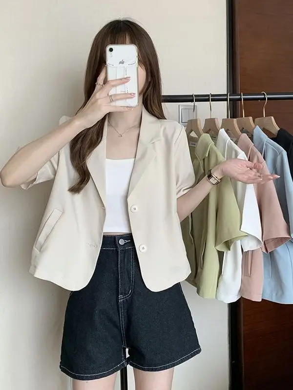 여성용 반팔 셔츠 재킷 얇은 디자인 한국 스타일 출퇴근 패션 여름 2025 신상품 소형 사이즈 맞춤형 룩