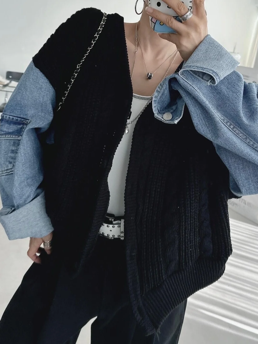 시크한 겨울 빈티지 레이지 스타일 브이넥 루즈핏 다용도 컬러 블록 데님 트위스트 스웨터 재킷 여성 패션 캐주얼 아우터웨어