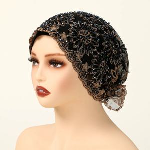 럭셔리 풀 다이아몬드 레이스 캡 여성용 아름다운 진주 비딩 통기성 메쉬 튜브 캡 무슬림 플로럴 자수 터번 (이드용)