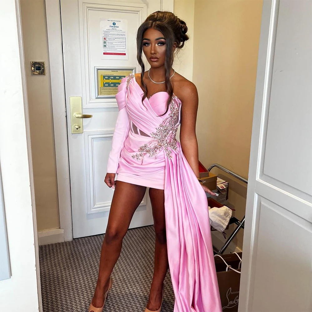 여성을위한 럭셔리 핑크 칵테일 드레스 칼집 칵테일 가운 긴 소매 미니 짧은 구슬 휴일 파티 가운 기차