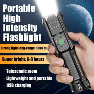 LED 캠핑 토치 손전등 고전력 충전식 USB 스포트라이트 줌 랜턴 낚시 야외 방수에 대 한 배터리 내장