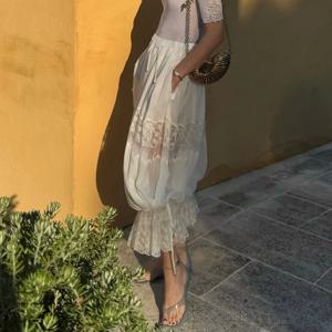 여성 레이스 패치 워크 루즈 블루머 바지 프릴 하이 웨이스트 레이디 바지 패션 비치 롱 벌룬 푹신한 블루머 롱 팬츠