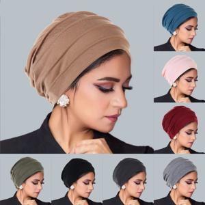 무슬림 크링클 터번 캡 단색 여성 히잡 이슬람 케모 캡 헤드 스카프 여성 헤드 랩 커버 히잡 스카프