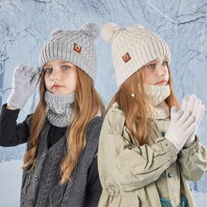 겨울용 아동 모자 장갑 스카프 세트 따뜻하고 두꺼운 비니 모자와 폼 니트 터치스크린 장갑 선물