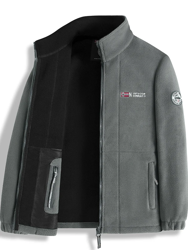 남성용 플리스 안감 지퍼 재킷 두꺼운 따뜻한 야외 스포츠 코트 스탠다드 핏 폴리에스터 섬유 긴 소매 스탠드 칼라 단색