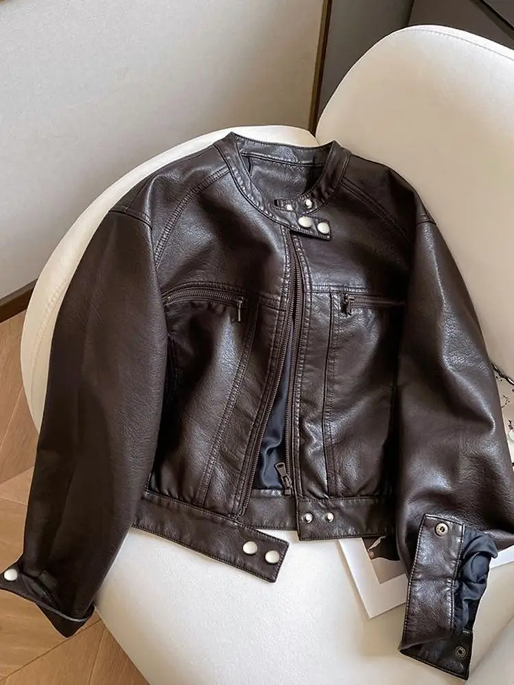 미국 기관차 의류 짧은 PU 가죽 재킷 여성 2025 봄 가을 신상 스몰 디자인 스탠드 칼라 재킷 트렌드