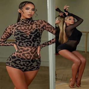 라틴 댄스 바디 메쉬 탑 레오파드 바디 슈트 볼룸 라틴 댄스 레오타드 라틴 트레이닝 연습 착용 룸바 차차