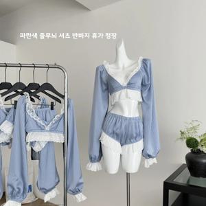 블루 스트라이프 레이스 트림 셔츠 반바지 휴가 세트 여성 한복 여름 2025 컬렉션 우아한 캐주얼 의상 세트