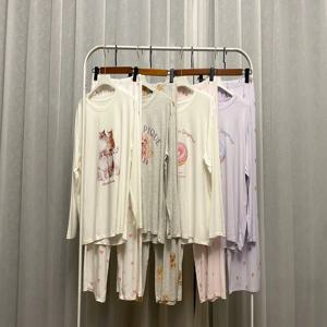 가을 모달 긴팔 루즈핏 잠옷 세트 여성용 편안한 밀크 스킨 긴 바지 홈웨어 세트 귀여운 만화 스타일