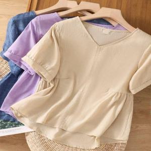 고급 면 린넨 반팔 티셔츠 여성 여름 신상 루즈핏 린넨 브이넥 탑 중년 엄마 포켓 손수건