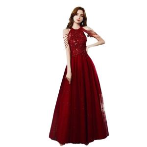 섹시한 레드 웨딩 드레스 이브닝 가운, 어깨 태슬과 목걸이 디자인, 신부용, 2025년 신모델, 중국산 합성 섬유