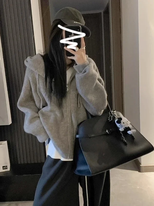 한국 스타일 지퍼 후드 니트 스웨터 여성용 가을 겨울 신상품 고급 니트 가디건 스웨트셔츠 재킷