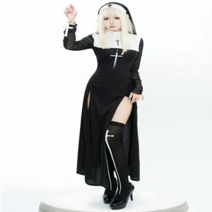 새로운 블랙 하이 슬릿 수녀 코스프레 드레스 할로윈 롤 플레잉 의상 폴리에스터 소재 여름 컬렉션 여성 패션