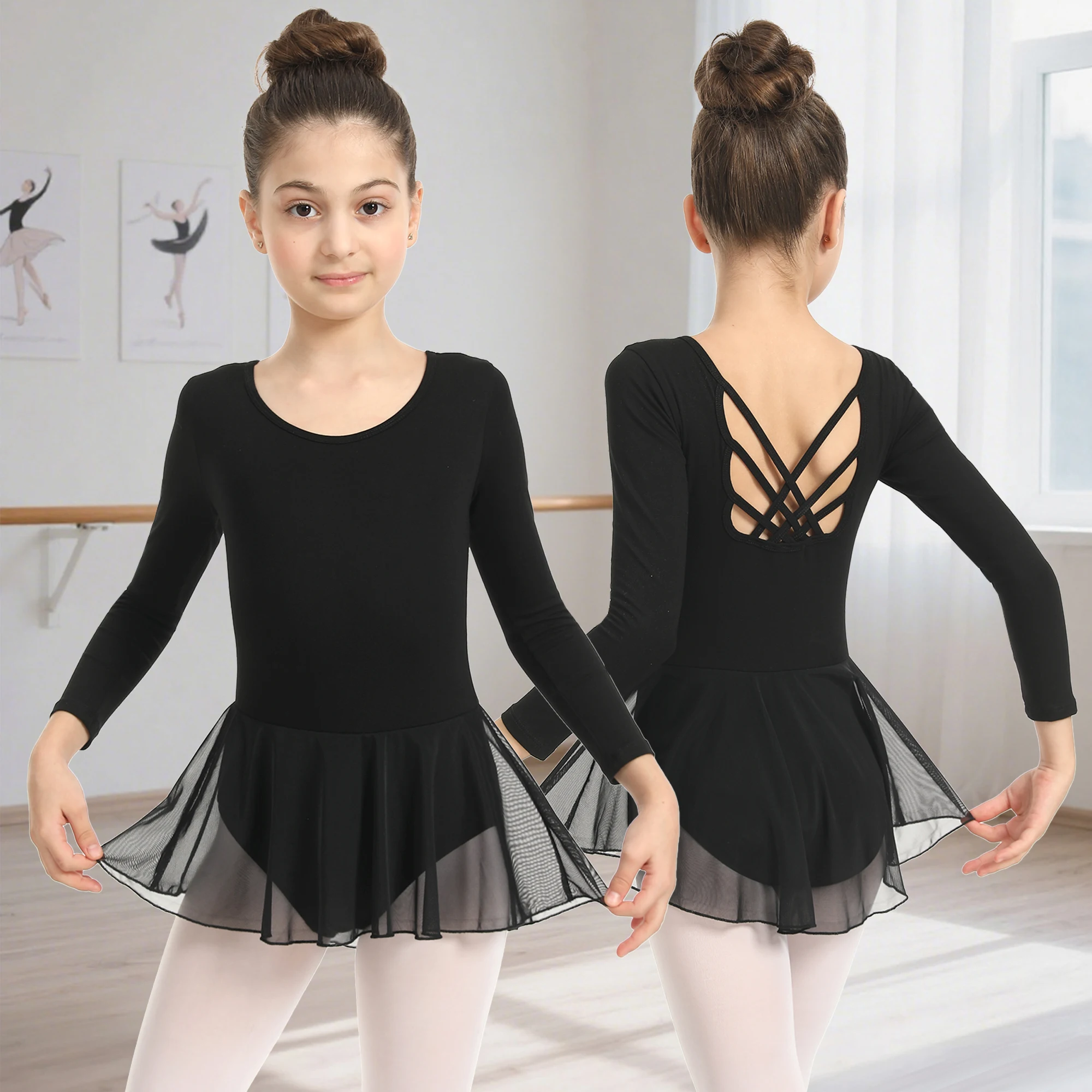 여아용 발레 레오타드 1개, 크리스크로스 홀로우 백 댄스 레오타드, 스커트 포함, 아동용 긴팔 댄스웨어, 메쉬 발레 드레스