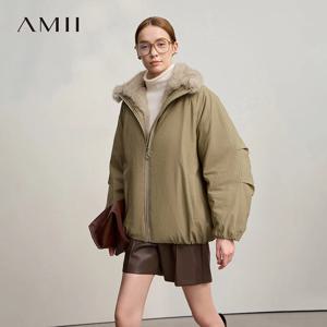 AMII 여성 재킷 2025 겨울 신상 루즈핏 중장기 모피 칼라 긴 소매 지퍼 캐주얼 따뜻한 파카 재킷 여성 12544100
