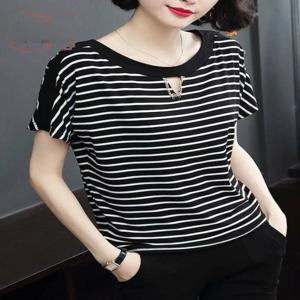 루즈핏 반팔 티셔츠 여성 플러스 사이즈 여름 스트라이프 한국 스타일 40대 엄마 옷 포켓 손수건 포함